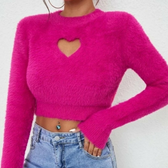 NWT Comfy Heart Cut Out soft Fuzzy hot pink knit Sweater top - Picture 3 of 4